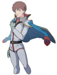  1boy absurdres amuro_ray bishounen blue_eyes blue_jacket bodysuit brown_hair check_clothing clothing_request collarbone collarbone_peek commentary_request cropped_legs curly_hair earth_federation_space_forces feet_out_of_frame floating_clothes floating_jacket from_side gloves green_gloves gundam highres jacket jacket_on_shoulders long_sleeves looking_at_viewer looking_to_the_side male_focus mobile_suit mobile_suit_gundam oh_syz open_collar open_mouth short_hair simple_background solo standing tongue white_background white_bodysuit 