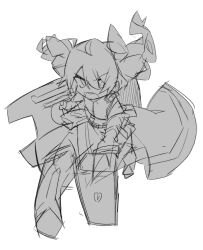  1girl anpolly armor armored_boots boots breastplate commentary_request floating_hair fortress_(sekaiju) fortress_2_(sekaiju) full_body greyscale hair_between_eyes hammer holding holding_hammer holding_shield looking_at_viewer monochrome sekaiju_no_meikyuu sekaiju_no_meikyuu_4 shield simple_background sketch solo teeth twintails upper_teeth_only v-shaped_eyebrows white_background 