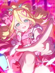  1girl arm_warmers bare_shoulders beads blonde_hair blue_eyes blush bow bow-shaped_hair bow_choker breasts choker commentary crop_top cure_idol detached_sleeves drill_hair earrings hair_beads hair_between_eyes hair_ornament hair_ribbon hairband headset heart heart_earrings heart_hair_ornament highres idol idol_clothes idol_heart_brooch_(precure) idol_heart_incom jewelry kimi_to_idol_precure long_hair looking_at_viewer magical_girl medium_breasts multicolored_hair multiple_earrings nnnnchisso open_mouth pink_bow pink_hair pink_ribbon pink_shirt pink_skirt pink_theme pink_wrist_cuffs plaid_bow plaid_ribbon precure puffy_detached_sleeves puffy_sleeves red_bow red_choker ribbon sakura_uta_(precure) scrunchie shirt shirt_bow single_arm_warmer skirt smile solo stomach streaked_hair twintails two-tone_hair white_hairband wrist_cuffs wrist_scrunchie 