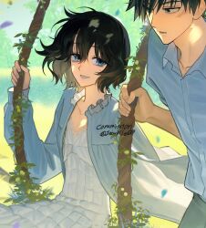  1boy 1girl ban_(bango) black_hair blue_eyes blue_shirt commentary_request dress frilled_dress frills highres korean_commentary long_sleeves medium_hair on_swing open_mouth original shirt short_hair swing upper_body white_dress 