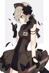  1girl animal_print bird_print black_bow black_dress black_feathers black_gloves bow butter_run closed_mouth commentary_request dress falling_feathers feathers gloves grey_hair hair_ornament hat highres holding looking_at_object magical_girl mahou_shoujo_ikusei_keikaku mahou_shoujo_ikusei_keikaku_restart nurse_cap shadowgale short_hair x_hair_ornament yellow_eyes 
