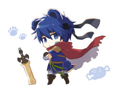  1boy animal_ears bear_ears bear_tail blue_eyes blue_hair cape chibi chibi_only commentary_request crossed_arms fire_emblem fire_emblem:_path_of_radiance fire_emblem_shadows headband highres ike_(fire_emblem) ike_(radiant_merc)_(fire_emblem) lella_(piyotto22) looking_back male_focus planted planted_sword ragnell red_cape short_hair solo sword tail weapon 