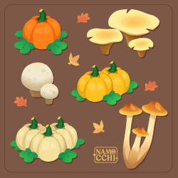  absurdres animal_crossing artist_name autumn autumn_leaves brown_background commentary english_commentary highres leaf mushroom namocchi no_humans plant plant_focus pumpkin simple_background 