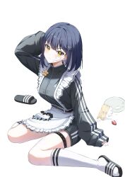  1girl 3: absurdres annoyed aoba_nene apron arm_up belt black_belt black_sandals blue_hair blush breasts buckle cake cake_slice character_name closed_mouth commentary_request dropped_food food food_on_face frilled_apron frills frown fruit full_body gangzi_(vtuber) grey_jacket grey_shorts hair_intakes hair_ornament hairclip hand_on_own_head head_tilt heart heart-shaped_buckle highres icing jacket jersey_maid kneehighs korean_commentary large_breasts long_sleeves looking_at_viewer looking_to_the_side maid maid_apron medium_hair name_tag plate sandals shorts simple_background sitting sleeves_past_wrists slides socks solo stellive strawberry thigh_strap track_jacket unconventional_maid v-shaped_eyebrows virtual_youtuber wariza white_apron white_background white_socks yellow_eyes 