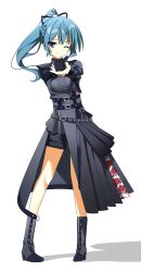  1girl absurdres asymmetrical_gloves asymmetrical_sleeves blue_hair boots closed_mouth commentary_request cosgaso faux_retro_artstyle finger_gun full_body gloves hair_ribbon highres hololive hoshimachi_suisei hoshimachi_suisei_(shout_in_crisis) mismatched_sleeves pointing pointing_at_viewer ponytail ribbon shadow simple_background smile standing virtual_youtuber white_background 