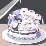  apron bad_id bad_twitter_id cake commentary_request food glint hair_ribbon knife lokulo-chan lokulo_no_mawashimono lowres open_mouth original plate purple_hair red_ribbon ribbon surreal violet_eyes white_apron 