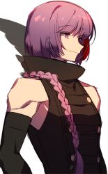  1boy alternate_hairstyle anpolly black_gloves braid braid_over_shoulder buttons closed_mouth commentary_request elbow_gloves gloves long_hair looking_ahead male_focus multicolored_hair purple_hair reaper_(sekaiju) reaper_1_(sekaiju) red_streaks sekaiju_no_meikyuu sekaiju_no_meikyuu_5 single_braid single_wing smile solo streaked_hair two-tone_hair upper_body wings 