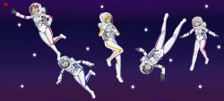  5girls @_@ absurdres akemi_homura black_hair blonde_hair blue_eyes blue_hair bodysuit closed_eyes floating floating_object full_body helmet highres kaname_madoka looking_at_viewer mahou_shoujo_madoka_magica mahou_shoujo_madoka_magica_(anime) miki_sayaka multiple_girls open_mouth outstretched_arms pink_hair reaching red_eyes red_hair sakura_kyoko smile space space_helmet spacesuit star_(sky) tomoe_mami upside-down yellow_eyes zero_gravity 