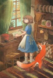  1girl a-line_skirt animal apron black_eyes blue_dress blue_eyes brown_hair cup curtains day dress finnish_commentary fox full_body heikala highres hook indoors jar kitchen ladle mug original oven_transfer_peel painting_(medium) plant potted_plant rug short_hair short_sleeves smile socks solo standing stool table traditional_media watercolor_(medium) window 