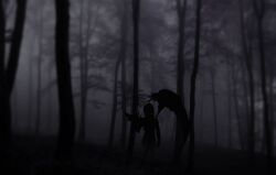  1boy anpolly bare_tree blurry commentary_request fog forest greyscale hand_up male_focus monochrome nature outdoors reaper_(sekaiju) reaper_1_(sekaiju) scenery scythe sekaiju_no_meikyuu sekaiju_no_meikyuu_5 silhouette single_wing solo standing tree wide_shot wings 
