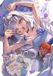  1girl 232323jerry anniversary breasts cake character_doll commentary_request doll dress eating fate/grand_order fate_(series) flower food fork fujimaru_ritsuka_(female) grey_hair highres holding holding_fork long_hair looking_at_viewer melusine_(fate) open_mouth orange_eyes petals rose small_breasts smile solo upper_body 
