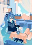  1girl barefoot black_hoodie blue_eyes blue_hair blue_sky cat closed_mouth clouds coffee_mug commentary computer cup curtains cushion full_body hair_ornament hatsune_miku highres hood hoodie indoors laptop long_hair long_sleeves mug overhead_lights plant poster_(object) potted_plant projecttiger sitting sky smile solo symbol-only_commentary teabag toes twintails very_long_hair vocaloid 