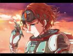  1girl animification apex_legends blue_eyes brown_hair commentary_request freckles from_side gloves hair_behind_ear holding holding_pen horizon_(apex_legends) letterboxed looking_at_viewer mononobex pen portrait profile sad short_hair solo spacesuit sunset 
