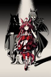  3girls absurdres ahoge animal_ears black_coat black_gloves black_hair black_pantyhose black_shirt black_skirt blunt_bangs blunt_ends blunt_sidelocks blush closed_mouth coat collared_shirt commentary cup dress ear_tag earrings frilled_hairband frills garter_straps gloves hair_between_eyes hairband highres horse_ears horse_girl horse_tail jewelry layered_hair long_bangs long_hair long_hair_between_eyes long_sleeves looking_at_viewer manhattan_cafe_(creeping_shadow)_(umamusume) manhattan_cafe_(umamusume) multicolored_hair multiple_girls necktie nemissa1 own_hands_clasped own_hands_together pantyhose red_desire_(divine_raiment)_(umamusume) red_desire_(umamusume) red_dress red_garter_straps red_hair red_hairband red_headdress red_thighhighs red_veil shirt shoes sidelocks single_earring skirt smile star_ornament sunday_silence_(racehorse) table tail thigh-highs umamusume veil white_hair yellow_eyes 