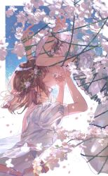  1girl 1other akiyama_mizuki blue_background bound braid brown_hair choker closed_eyes commentary_request dress flower from_side hair_flower hair_ornament half_up_braid highres imminent_kiss lrenwkk other_with_female profile project_sekai restrained scratches shinonome_ena short_hair short_sleeves tied_up_(nonsexual) white_choker white_dress white_flower white_hair 