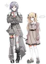  2girls bang_dream! bang_dream!_our_notes black_boots black_choker black_ribbon blonde_hair boots brown_dress choker closed_mouth commentary dress fishnet_pantyhose fishnets gaaaaaaaaaaasu green_eyes grey_dress grey_hair hair_ribbon highres holding holding_leash leash medium_hair multiple_girls off-shoulder_dress off_shoulder pantyhose platform_boots ribbon shinomiya_shizuku simple_background single_leg_pantyhose single_thighhigh thigh-highs two_side_up untranslatable_commentary white_background yakura_yomogi yuri 