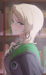  1girl absurdres adjusting_clothes adjusting_necktie badge black_robe blonde_hair blush book bookshelf cardigan earrings eyelashes genderswap genderswap_(mtf) green_eyes green_hood green_necktie harry_potter_(series) highres hogwarts_school_uniform hood hood_down hoop_earrings indoors jewelry looking_at_viewer malfoid necktie open_mouth raised_eyebrow robe school_uniform shirt short_hair simple_background slytherin smile solo tekumifu upper_body white_background white_shirt wizarding_world 