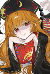  1girl ao_hoshi artist_name barefoot black_dress black_hairband black_hat blonde_hair blush breasts closed_mouth commentary_request crescent_print dalachi_(headdress) dress hair_between_eyes hairband hands_on_own_face hat highres interlocked_fingers junko_(touhou) large_breasts long_hair long_sleeves looking_at_viewer lying nail_polish on_stomach orange_hair own_hands_together phoenix_print red_eyes red_nails red_tabard signature simple_background smile soles solo tabard the_pose toenail_polish toenails toes touhou very_long_hair white_background wide_sleeves 