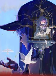  2girls absurdres atsuko_(blue_archive) baseball_cap bird black_gloves blue_archive blue_hair braid cage chinese_commentary closed_mouth commentary_request crop_top gloves hat highres hood hooded_jacket jacket long_hair looking_to_the_side missing_halo multiple_girls off_shoulder purple_hair saori_(blue_archive) sky twin_braids white_bird white_hood white_jacket ziid_(ziid69) 