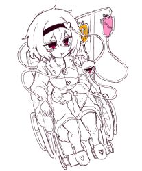  1girl buttons collared_shirt disembodied_linked_eye eyeball greyscale hair_ornament hairband heart heart_button heart_hair_ornament highres komeiji_satori long_sleeves looking_at_viewer monochrome open_mouth rampa93 red_eyes ribbon-trimmed_collar ribbon_trim shirt sitting skirt slippers smile solo spot_color touhou wheelchair wheelchair_detective_satori wide_sleeves 