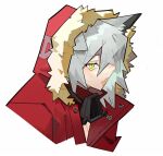  1girl animal_ears arknights fang fur-trimmed_hood fur_trim hair_between_eyes hood hood_up hooded_jacket jacket mask mask_around_neck nuqelear open_mouth portrait projekt_red_(arknights) red_jacket simple_background skin_fang solo white_background wolf_ears wolf_girl yellow_eyes 
