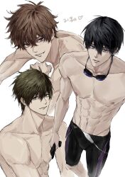  3boys black_hair blue_eyes brown_hair collarbone free! green_eyes grey_hair highres kirishima_natsuya korean_text legskin looking_at_viewer male_focus male_swimwear multiple_boys nanase_haruka_(free!) nipples short_hair simple_background sso_s tachibana_makoto topless_male white_background 