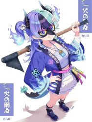  1girl absurdres achichi_mela aqua_hair aqua_nails arms_behind_back artist_name asobi_mawari-tai bird_mask black_horns black_mask black_socks black_tail braid commentary curio_(curiofinity) dragon_girl dragon_horns dragon_tail earrings fire_hair_ornament from_above grey_shirt grin hair_ornament happi highres holding holding_weapon hololive horns japanese_clothes jewelry long_sleeves looking_at_viewer looking_up mask multicolored_hair purple_hair purple_nails purple_shoes shadow sharp_teeth shirt shoes signature skirt smile sneakers socks solo tail tassel tassel_earrings tassel_hair_ornament teeth twin_braids virtual_youtuber watermark weapon weapon_request white_background white_skirt 