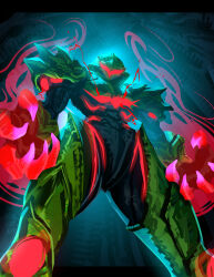  1girl artist_name assault_visor commentary english_commentary glowing glowing_hands helmet highres looking_at_viewer looking_down max_kay metroid metroid_ravenous metroid_suit open_hands power_suit_(metroid) red_assault_visor samus_aran science_fiction shoulder_spikes solo spikes standing 