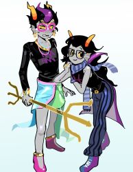  1boy 1girl absurdres aquarius_(symbol) belt black-framed_eyewear black_belt black_eyes black_hair black_shirt blue_pants blue_scarf blush bracelet cape cfept circlet colored_sclera colored_skin commentary cosplay costume_switch earrings eridan_ampora feferi_peixes fins glasses gold_circlet gold_jewelry grey_skin head_fins high_heels highres holding holding_polearm holding_weapon homestuck horns jewelry long_hair long_sleeves looking_at_viewer multicolored_skirt orange_horns pants pink-framed_eyewear pink_shoes pisces_(symbol) polearm purple_cape purple_hair purple_shoes ring scarf shirt shoes skirt sleeveless sleeveless_shirt smile striped_clothes striped_pants striped_scarf sweatdrop trident troll_(homestuck) vertical-striped_clothes vertical-striped_pants weapon white_background yellow_sclera zodiac 