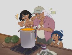  3boys aged_down black_hair blue_hair cal_(electro_andes) chilcayote child cooking cutting_board electro_andes food grandfather_and_grandson highres jam knife krstarji long_hair multiple_boys old old_man pietro_(electro_andes) short_hair spoon tata_(electro_andes) vegetable white_hair wooden_spoon 