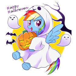  :d animal animal_focus bat_(animal) blush commentary_request english_text full_body ghost ghost_costume halloween happy_halloween highres holding holding_pumpkin jack-o'-lantern long_hair looking_at_viewer multicolored_hair my_little_pony my_little_pony:_friendship_is_magic no_humans pegasus pink_eyes pony_(animal) pumpkin rainbow_dash rainbow_hair ryuu_(ryuraconis) smile solo wings 