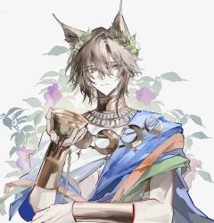  1boy absurdres animal_ears arknights bochishiraita brown_hair cat_boy cat_ears chalice chinese_commentary closed_mouth commentary_request crescent cup expressionless floral_background gold_necklace hand_up highres holding holding_cup jewelry laurel_crown looking_at_viewer male_focus necklace official_alternate_costume phantom_(arknights) short_hair solo tragodia_(arknights) tragodia_(know_thyself)_(arknights) upper_body yellow_eyes 