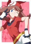  1girl :3 bandana blue_eyes breasts brown_hair commentary_request dokushibuki eyelashes fanny_pack gloves hand_on_own_hip highres may_(pokemon) pink_background pokemon pokemon_rse red_bandana red_shirt shirt short_sleeves simple_background solo v yellow_bag 