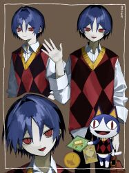  2boys animal_crossing argyle_clothes argyle_sweater argyle_sweater_vest azzma0000 cat cat_boy commentary_request creature_and_personification dual_persona furry furry_male highres long_sleeves looking_at_viewer male_focus multicolored_cat multiple_boys open_mouth personification red_eyes rover_(animal_crossing) shirt simple_background slit_pupils smile sweater sweater_vest tail waving 