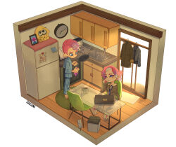  1boy 1girl agent_3_(splatoon_3) analog_clock barefoot black_shirt blue_eyes bra_strap breasts child's_drawing clock coat colored_extremities commentary computer cup cupboard earrings english_commentary eyewear_hang floorplan frying_pan glass_table glasses head_rest highres holding holding_frying_pan isometric jacket jewelry laptop mature_eyes mature_female mohawk mug octoling_boy octoling_player_character pajamas portable_stove portrait_(object) power_strip red_hair refrigerator shirt sink sliding_doors slippers small_breasts splatoon_(series) splatoon_3 steam strap_slip striped_clothes striped_pajamas table tagasaing toaster unworn_coat unworn_eyewear unworn_jacket vertical-striped_clothes vertical-striped_pajamas 