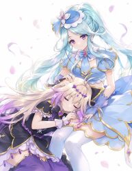  2girls antenna_hair aqua_hair black_bow black_bowtie black_dress blonde_hair blue_bow blue_bowtie blue_bridal_gauntlets blue_hat blue_necktie bow bowtie braid bridal_gauntlets circlet closed_eyes commentary_request cure_arcana_shadow cure_eclair dress falling_petals floating_hair gradient_hair half_up_braid hand_on_another's_head hat heart-shaped_gem highres howa_kurea lap_pillow long_hair meitantei_precure! midriff moria_luluka multicolored_hair multiple_girls necktie petals pink_hair precure purple_thighhighs red_eyes sitting sleeping sleeping_on_person smile streamers thigh-highs twintails very_long_hair white_thighhighs yamamoto_kazue 