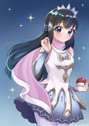  1girl black_hair blue_eyes blush closed_mouth commentary_request cowboy_shot dawn_(champion)_(pokemon) detached_sleeves hair_ornament highres hikari_(pokemon) holding holding_poke_ball kurumi_iroha168 long_hair official_alternate_color official_alternate_costume pantyhose poke_ball poke_ball_(basic) pokemon pokemon_masters_ex shirt sidelocks skirt sleeveless sleeveless_shirt solo sparkle 