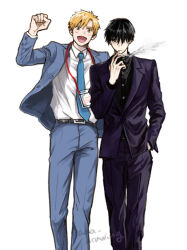  2boys :d aaa_drawing akeuraji_tsukasa artist_name belt black_hair black_suit blonde_hair commentary_request hand_in_pocket hand_up id_card jacket lanyard looking_at_viewer male_focus medalist_(manga) multiple_boys open_clothes open_jacket shirt short_hair smile smoking suit yellow_eyes yodaka_jun 