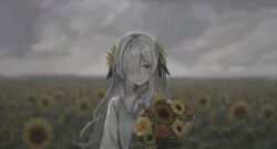  1girl absurdres artist_name bouquet commentary_request dress field flower flower_field grey_eyes grey_hair grey_ribbon hair_flower hair_ornament highres holding holding_bouquet isekaijoucho kamitsubaki_studio looking_at_viewer neck_ribbon outdoors overcast rain ribbon sky solo sunflower sunflower_field texn upper_body watermark white_dress yellow_flower 