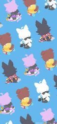  4girls absurdres ahoge animal_ears black_hair blue_background brown_hair cat_ears cat_girl cat_tail chibi chibi_only colored_inner_animal_ears dog_ears dog_tail floppy_ears fox_ears fox_girl fox_tail from_behind hair_ornament highres hololive inugami_korone inugami_korone_(1st_costume) multiple_girls multiple_views nekomata_okayu nekomata_okayu_(1st_costume) ookami_mio ookami_mio_(1st_costume) purple_hair rizu_(rizunm) shirakami_fubuki shirakami_fubuki_(1st_costume) simple_background sitting tail white_hair wolf_ears wolf_girl wolf_tail 