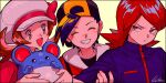  1girl 2boys :d backwards_hat blush brown_eyes brown_hair closed_eyes commentary_request ethan_(pokemon) eyelashes hat highres holding holding_another&#039;s_arm holding_pokemon jacket kwsby_124 lyra_(pokemon) marill multiple_boys open_mouth pokemon pokemon_(creature) ponytail red_eyes redhead signature silver_(pokemon) simple_background smile teeth 