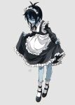  1other absurdres alternate_costume androgynous antenna_hair apron black_dress black_footwear black_hair blue_skin colored_skin deltarune dress enmaided expressionless frilled_apron frilled_dress frilled_socks frills from_side full_body grey_background hair_between_eyes highres kneehighs kris_(deltarune) long_sleeves looking_at_viewer maid maid_apron maid_headdress mary_janes neck_ribbon other_focus red_eyes ribbon shaded_face shoes short_hair signature simple_background skirt_hold socks solo sonokare standing tachi-e 