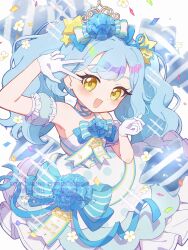  1girl :d blue_bow blue_choker blue_hair blue_sleeves bow choker commentary_request confetti detached_sleeves dress dress_bow earrings frilled_sleeves frills gloves hair_bow hair_ornament hand_on_own_head haru_(haru1bc6c4) highres jewelry long_hair onegai_aipri pretty_series puffy_detached_sleeves puffy_sleeves single_bare_shoulder single_strap smile solo star_(symbol) star_hair_ornament twintails w white_bow white_dress white_gloves yellow_eyes yumemiya_aoi 