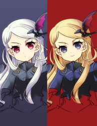  2girls armor blonde_hair blue_eyes breastplate closed_mouth colored_eyebrows column_lineup commentary_request dual_persona grey_hair hair_ornament imperial_(sekaiju) imperial_2_(sekaiju) kiguchi_(aprico) long_sidelocks looking_at_viewer multiple_girls official_alternate_color parted_bangs pauldrons red_eyes sekaiju_no_meikyuu sekaiju_no_meikyuu_4 shoulder_armor sidelocks smile upper_body 