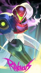  1girl absurdres arm_cannon armor assault_visor commentary english_commentary glowing glowing_arm green_assault_visor helmet highres looking_at_viewer metroid metroid_ravenous multicolored_armor power_armor power_suit_(metroid) ravenous_suit red_helmet samus_aran science_fiction sheep_shin simple_background solo weapon 