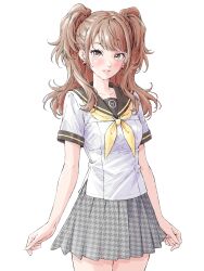  1girl absurdres black_sailor_collar brown_eyes brown_hair commentary_request cowboy_shot earrings grey_skirt highres jewelry kujikawa_rise long_hair looking_at_viewer momo_oddeye neckerchief parted_lips persona persona_4 pleated_skirt sailor_collar school_uniform serafuku shirt simple_background skirt solo twintails white_background white_shirt yellow_neckerchief 