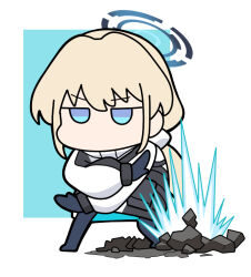  1girl black_jacket black_mittens black_pantyhose blonde_hair blue_archive blue_background blue_eyes border chibi full_body halo jacket jitome long_hair mittens nyaru_(nyaru_4126) pantyhose solo standing toki_(armed)_(blue_archive) toki_(blue_archive) v-shaped_eyebrows very_long_hair white_border 