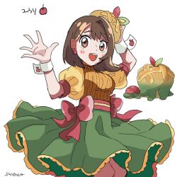  1girl :d alternate_costume appletun bow brown_eyes brown_hair brown_shirt earrings gloria_(pokemon) green_skirt hat highres jewelry looking_at_viewer official_art_inset open_mouth pokemon pokemon_sword_and_shield puffy_short_sleeves puffy_sleeves red_bow reference_inset sandora_(karugamo_no_e) shirt short_hair short_sleeves simple_background skirt smile solo sweater turtleneck turtleneck_sweater upper_body white_background white_wrist_cuffs wrist_cuffs yellow_hat yellow_sleeves 