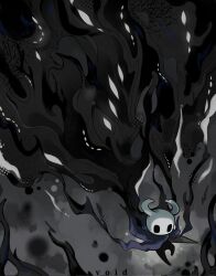  1other black_eyes black_skin blank_eyes cloak colored_skin darkness extra_eyes full_body glowing glowing_eyes grey_cloak highres holding holding_weapon hollow_eyes hollow_knight horned_mask horns knight_(hollow_knight) looking_down mask miikrowelle nail_(hollow_knight) void_entity_(hollow_knight) weapon white_eyes white_mask 