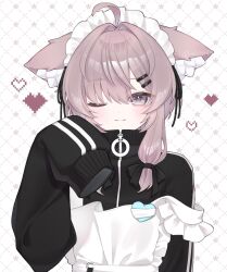  1girl :3 ahoge animal_ears apron black_jacket blue_eyes brown_hair closed_mouth fox_ears frilled_apron frills hair_intakes hair_ornament hairclip highres jacket jersey_maid long_hair looking_at_viewer mafuyu_(vrchat) maid maid_headdress one_eye_closed parallel_hairclips paw_pose sidelocks sleeves_past_fingers sleeves_past_wrists smile solo turtleneck twitter_username unconventional_maid upper_body vrchat wgaquq white_apron 